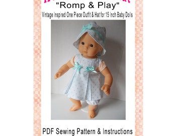 50s Vintage Inspired Baby Romper Outfit 15 Inch Baby Doll Clothing Sewing Pattern  PDF Digital Download