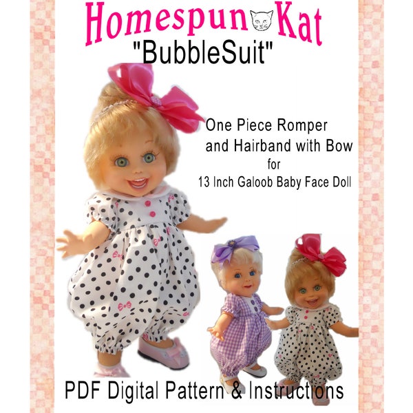 Galoob Baby Face 13 Inch Doll Clothes Bubblesuit Romper Sewing Pattern PDF Digital Instant Download