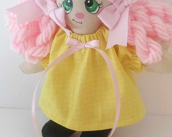 Mini 8 Inch Rag Cloth Art Doll Pink Hair Green Eyes Yellow Dress Collectible Dollys
