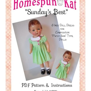 Può includere: Un modello PDF per un vestito da bambola di 45,7 cm, progettato per bambole di tipo "Patsy Ann". L'immagine presenta una bambola con un vestito verde chiaro con colletto bianco e scarpe nere. Il testo recita "Homespun Kat" e "Sunday's Best".