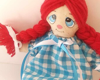Mini 8 Inch Rag Cloth Doll Collector Art Red Yarn Hair Blue Dress