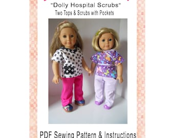 Dolly Hospital Scrubs With Two Style Tops Pants With Pockets 18 Inch Doll Clothing Pattern Digital Download PDF
