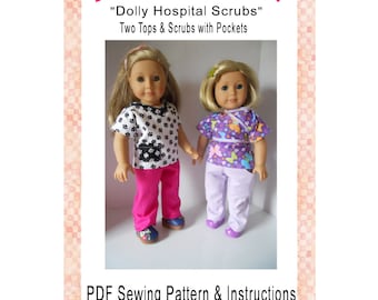 Dolly Krankenhaus Scrubs mit zwei Style-Tops Hosen mit Taschen 18-Zoll-Puppenkleidung Muster Digitaler Download PDF