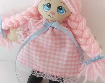 Mini 8 Inch Rag Doll Pink Braided Hair Cloth Art Doll Raggie Collectible