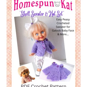Crocheted Shell Sweater Hat Set 13 Inch Baby Face Animator PDF Digital Download Doll Clothing Doll Sweater Doll Hat Doll Set