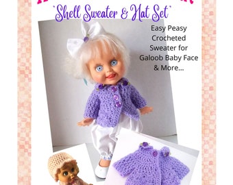 Crocheted Shell Sweater Hat Set 13 Inch Baby Face Animator PDF Digital Download Doll Clothing Doll Sweater Doll Hat Doll Set