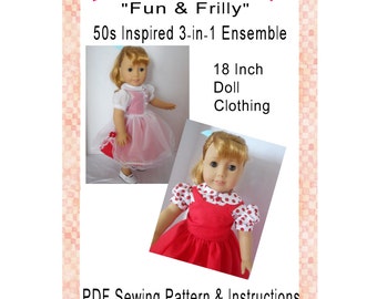 Fun & Frilly 50s Inspired 3 in 1 Ensemble 18 Inch Doll Clothing PDF Digital Download Sewing Pattern