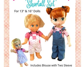 Shortall Set PDF Sewing Pattern 13 Inch 16 Inch Doll Clothes Instant Download Short Long Pant Skirt Blouse