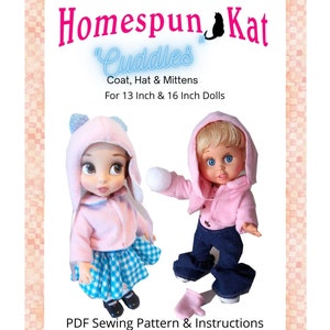 May include: PDF sewing pattern for a coat, hat, and mittens for 13-inch and 16-inch dolls. The pattern includes instructions and is titled "Homespun Kat Cuddles".