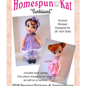 May include: PDF sewing pattern and instructions for a sunsuit romper designed for 16-inch dolls. The pattern includes two styles: a one-piece romper and a two-piece outfit. The image shows two dolls wearing the romper in different colours.