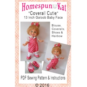 May include: A PDF sewing pattern for a 13-inch doll outfit, featuring a pink and white polka dot blouse, overalls, shoes, and hairbow. The pattern is titled "Coverall Cutie" and is by Homespun Kat. © 2016.