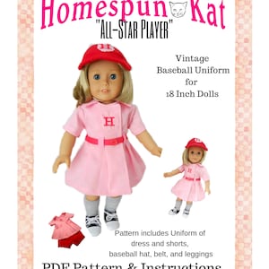 All Star Player, 1940s Baseball Uniform, PDF Sewing Pattern, 18 Inch Doll Clothes, Instant Download, Doll Clothing, Molly&#39;s Era