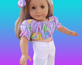 Hip Three Piece Set, Lavender White Butteflies, 18 Inch Doll Clothing, Groovy Pants, Crop Top, Hairbow