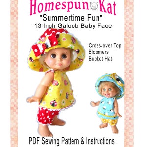 May include: PDF sewing pattern for a 13 inch Galoob baby doll outfit. The outfit includes a yellow and red ladybug print dress, red and white polka dot bloomers, and a yellow bucket hat with a blue brim. The pattern is titled "Homespun Kat Summertime Fun".