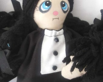 Mini 8 Inch Rag Doll Halloween Black Hair Blue Eyes Collectible Raggie Soft Cloth