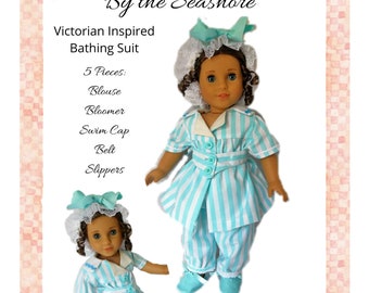 Traje de baño victoriano "By the Seashore" Patrón de costura de ropa de muñeca de 18 pulgadas Descarga digital PDF