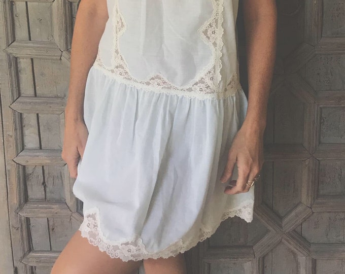Baby Blue Cotton Gauze Slip Dress Lace, Embroidery, Soft Feminine Style