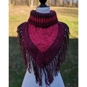 Crochet Triangle Scarf with Fringe Cowl Neck Warmer. Handmade Boho Festival Fringe Scarf for Women. Lightweight Hippie Bohemian Bolero.