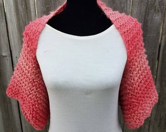 Coral Loose Knit Shrug Sweater Evening Shoulder Cover Up. Knitted Shrug Dress Cover Up. Handmade Chunky Knit Bolero Jacket Gift for Mother.