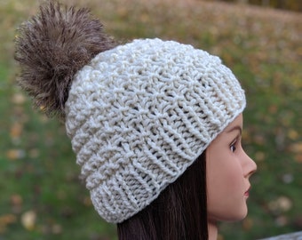 Knitted Pom Pom Beanie Handmade Fur Pom Pom Hat Hand Knit Hat Women Chunky Beanie Hat Wool Knit Winter Hat with Fur Pom Pom Gift for Her