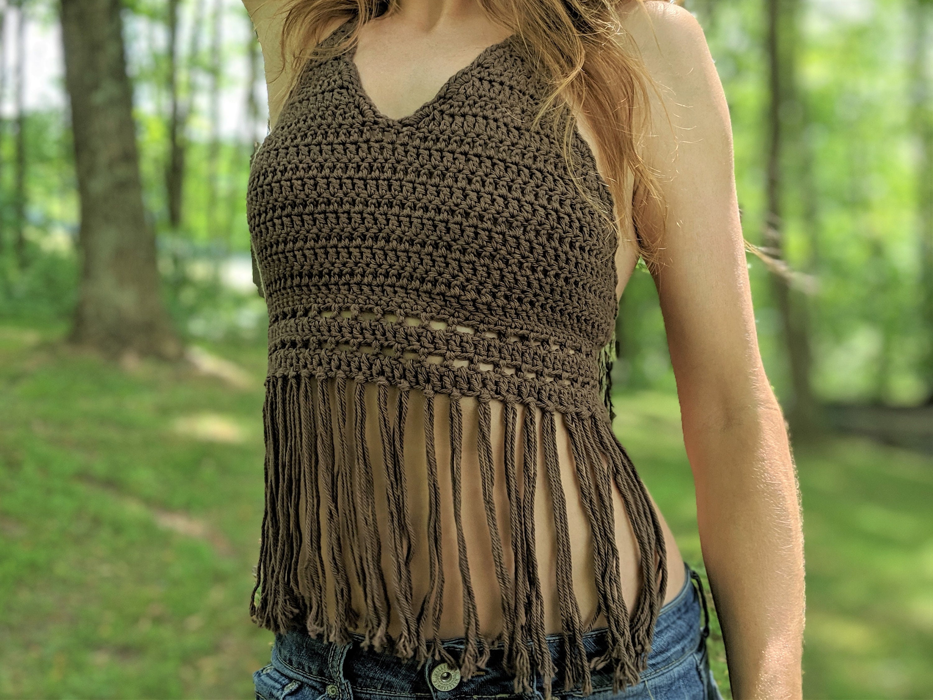 Crochet Fringe Crop Top. Crochet Festival Top for Women. Brown Etsy