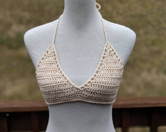 Bralette Crochet Bikini Top. Crochet Halter Top for Women. Cotton Crop Top Crochet. Crochet Bra Festival Top. Pink and Cream Bralette Top.