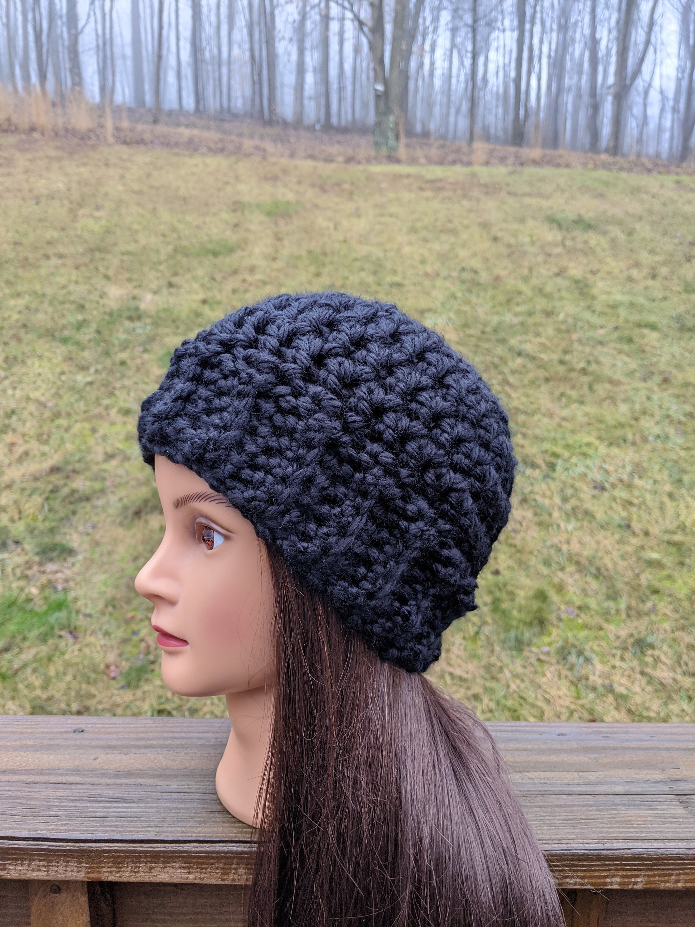 Handmade Chunky Crochet Black Beanie Handmade Chunky Knit Crochet Cat Ear beanie in Black with  main image 2
