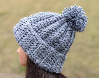Chunky Crochet Hat With Pom Pom, Handmade Crochet Beanie Womens Hat, Beanie Hat For Women, Winter Hat Gift for Her, Chunky Beanie for Ladies