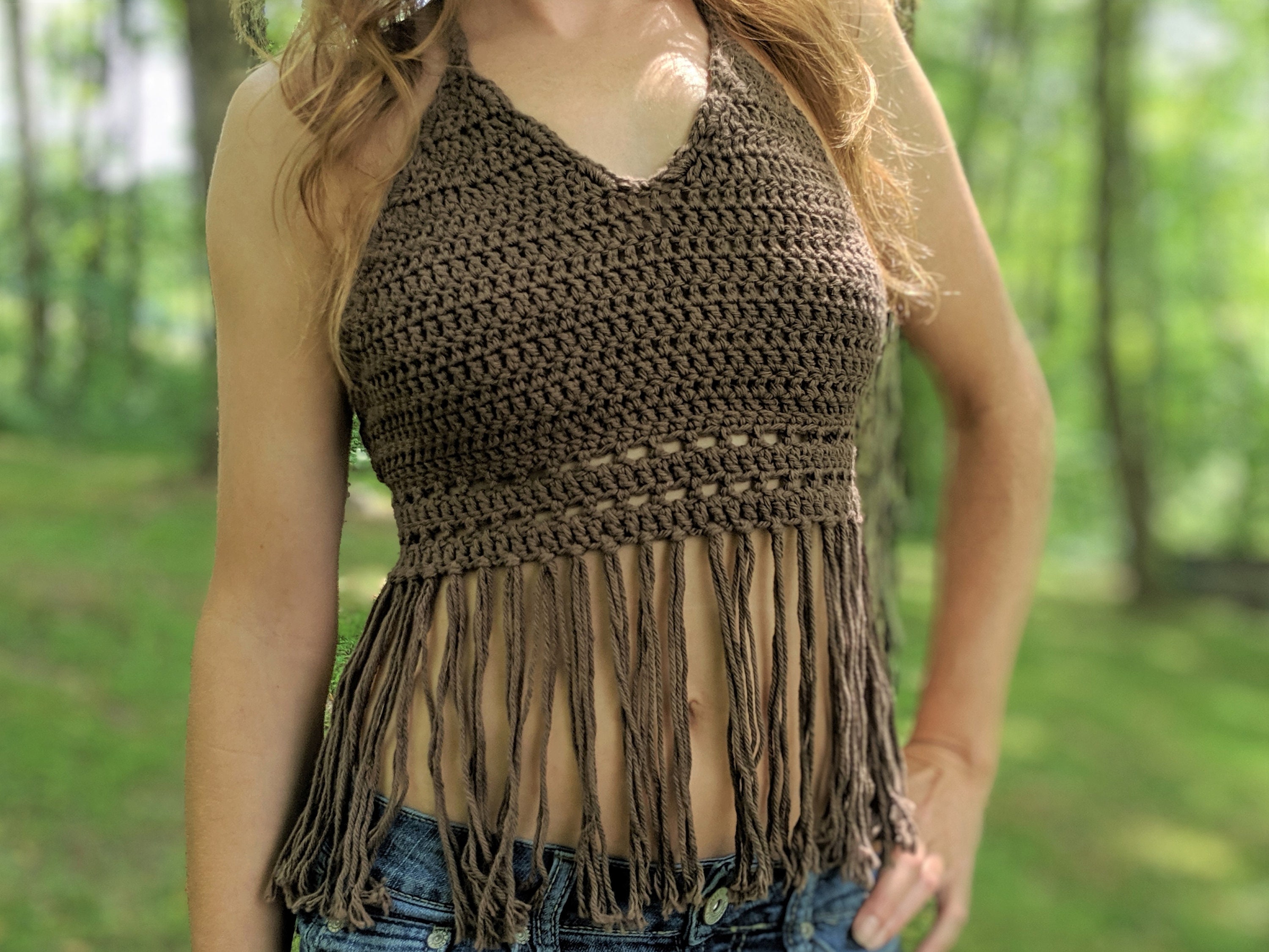 Crochet Fringe Crop Top. Crochet Festival Top for Women. Brown Etsy
