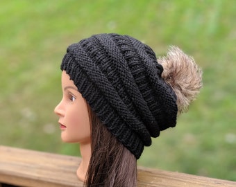 Black Slouch Hat with Pom Pom, Knit Slouchy Beanie, Knit Slouchy Hat Women, Knit Slouch Hat, Black Slouchy Beanie, Winter Crochet Hat