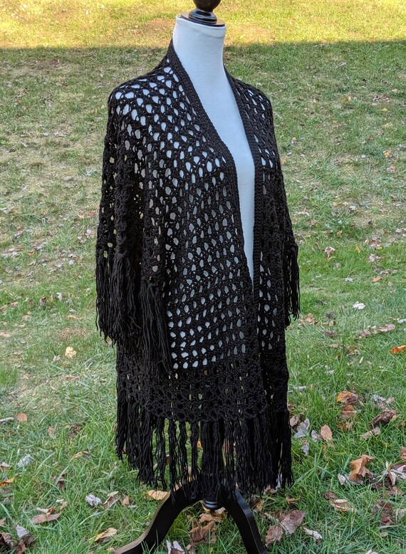 Black Crochet Kimono Jacket With Fringe. Lace Plus Size Boho Kimono Cardigan Cover Up. Cozy Ruana Kimono Crochet Blanket Sweater Poncho. Etsy Canada