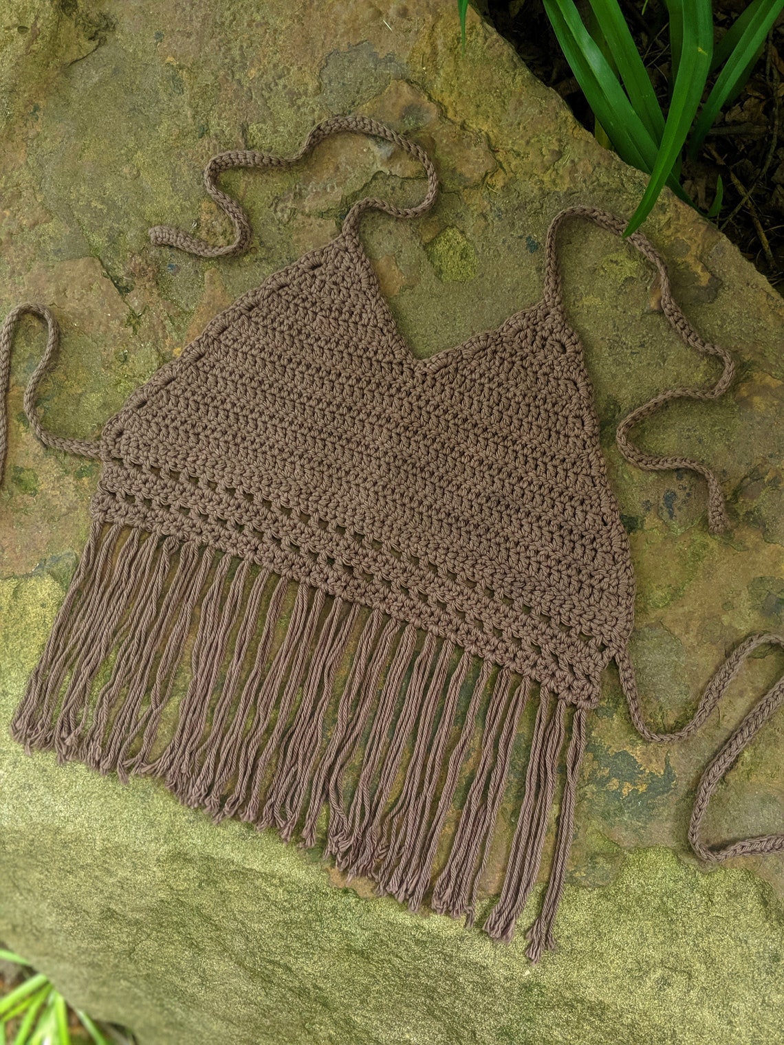 Crochet Fringe Crop Top. Crochet Festival Top for Women. Brown Handmade