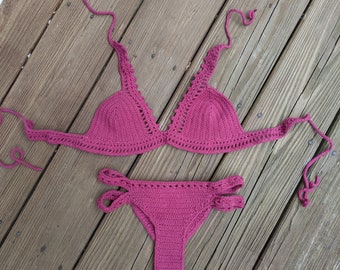 Maroon Crochet Bikini Set, Cotton Crochet Swimsuit, Boho Crochet Bathing Suit, Two Piece Brazilian Bikini, Handmade Cheeky Bikini Swimwear