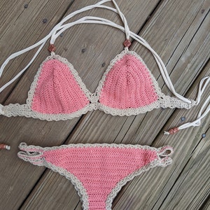 Roze gehaakte bikiniset, katoenen gehaakt badpak, Boho gehaakt badpak, tweedelige Braziliaanse bikini, handgemaakte brutale bikini badmode