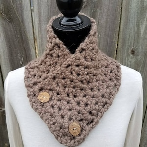 Crochet Chunky Scarf Cowl Neckwarmer with Natural Coconut Shell Buttons. Brown Handmade Button Scarf Bolero Boston Harbor Bay Gift for Her.