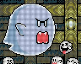 May include: A pixelated image of a white ghost with a red mouth and angry eyes. The ghost is surrounded by smaller, white ghosts with smiling faces. The background is a brown brick wall with a light fixture.