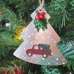 Pick up Truck with Snow Falling on Tin Christmas Tree Ornament