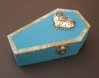 Steampunk style Coffin with Gear Heart trinket / jewelry engagement ring box