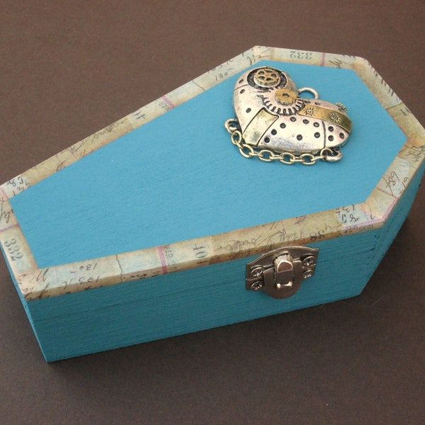 Steampunk style Coffin with Gear Heart trinket / jewelry engagement ring box