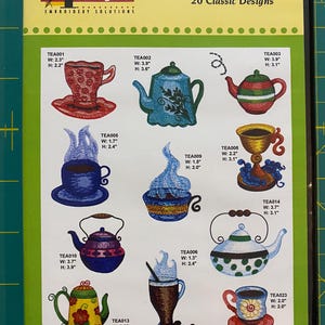May include: A DVD case featuring "Amazing Designs Embroidery Solutions" with "Teatime I" and "20 Classic Designs" text. The case displays embroidered designs of teacups, teapots, and coffee drinks. Measurements are provided in inches for each design.