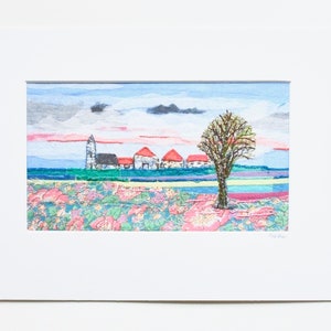 textile landscape art - hand embroidered artwork - fabric dutch landscape art - flower meadow artwork