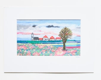 textile landscape art - hand embroidered artwork - fabric dutch landscape art - flower meadow artwork