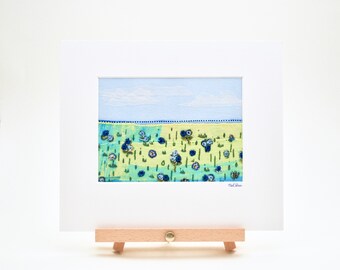 textile artwork - blue and yellow flower field - hand embroidery - ready to hang stitch art - fabric art - simple flower artwork