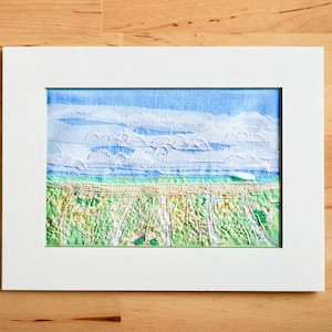 simple embroidery landscape art - hand embroidery - textile artwork - green field blue sky artwork - fabric textile artwork - ready to frame