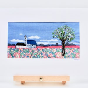 textile art - framed fabric landscape - hand embroidery decorative art - springtime landscape art