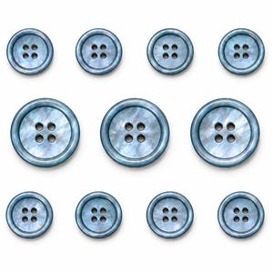 May include: A set of ten round buttons arranged in three rows, featuring a shimmering blue iridescent finish. Each button has a raised outer rim and four central holes for attachment, displaying a smooth, polished surface with subtle color variations.