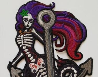Mermaid Skeleton Embroidered Patch 4.8" x 6.8"