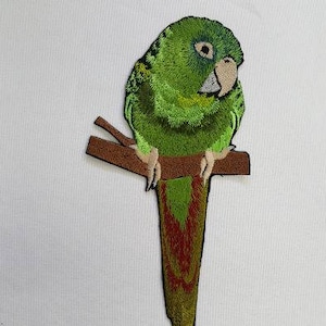 May include: Green and brown embroidered parrot patch with a red and yellow tail perched on a brown branch.