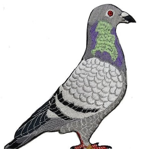 May include: A gray and white embroidered patch of a pigeon with a purple and green design on its chest. The pigeon has red eyes and a red beak.