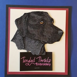 May include: Black embroidered Labrador Retriever dog head with a white background and a black and white logo that says "Tangled Threads Embroidery".